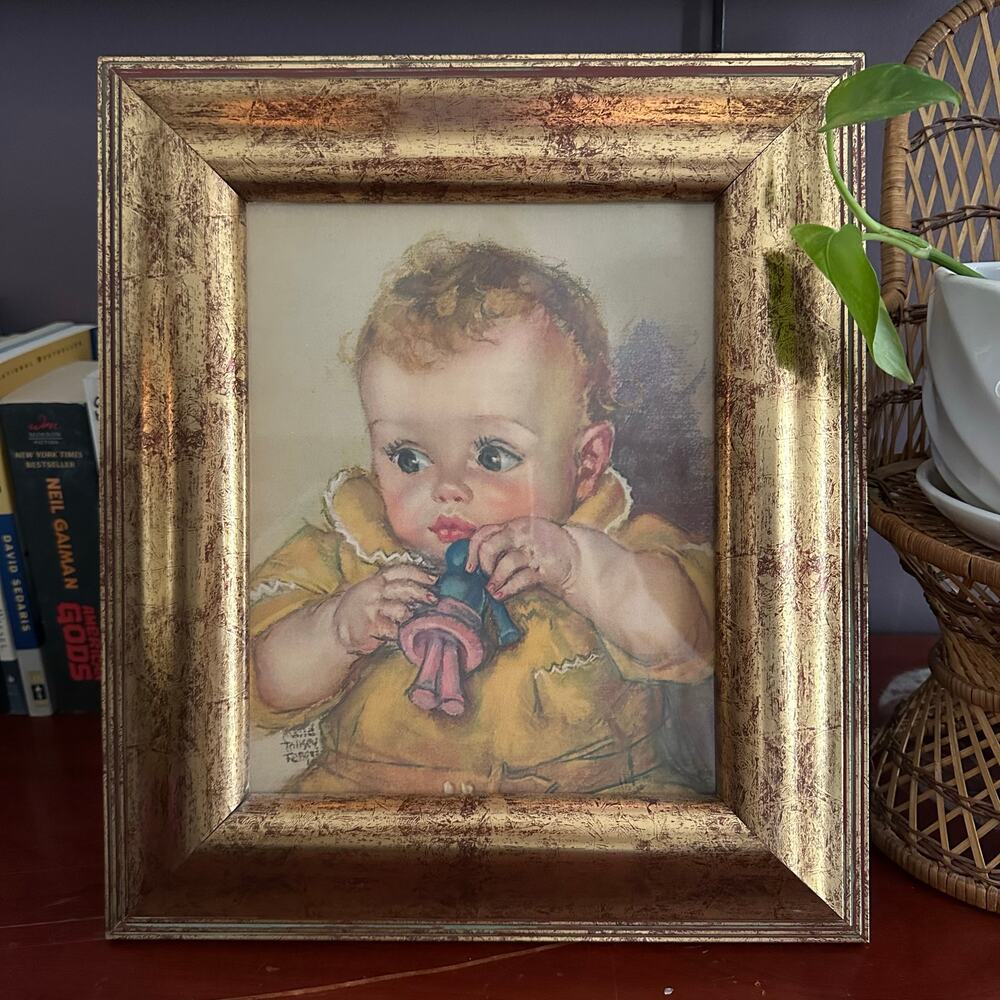 Moody 8x10 Gold Wood Inlay Scoop Edge Picture Frame Lithograph Baby 30's
